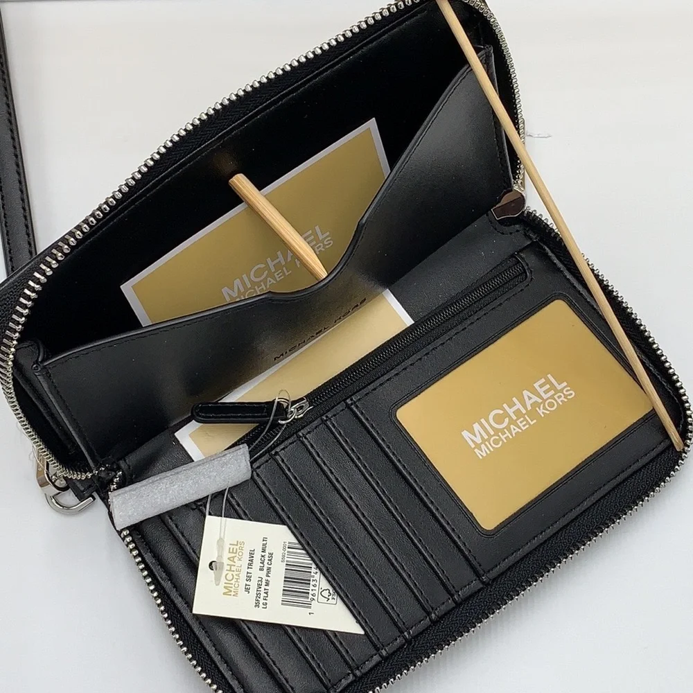 Michael Kors Jet Set Travel Large Phone Case Wristlet Wallet Black Glitter Multi